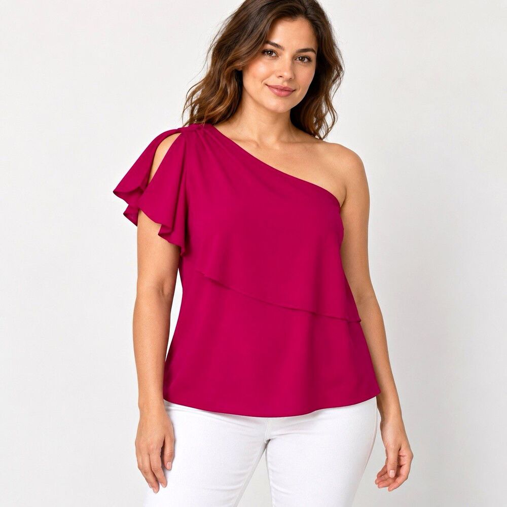 Tyche Women's Pink Solid One-Shoulder Ruffle Sleeve Pullover Blouse M